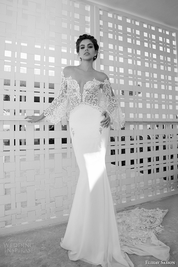 elihav sasson wedding dress 2015 long fluffy sleeves lace low cut back sheath bridal gown