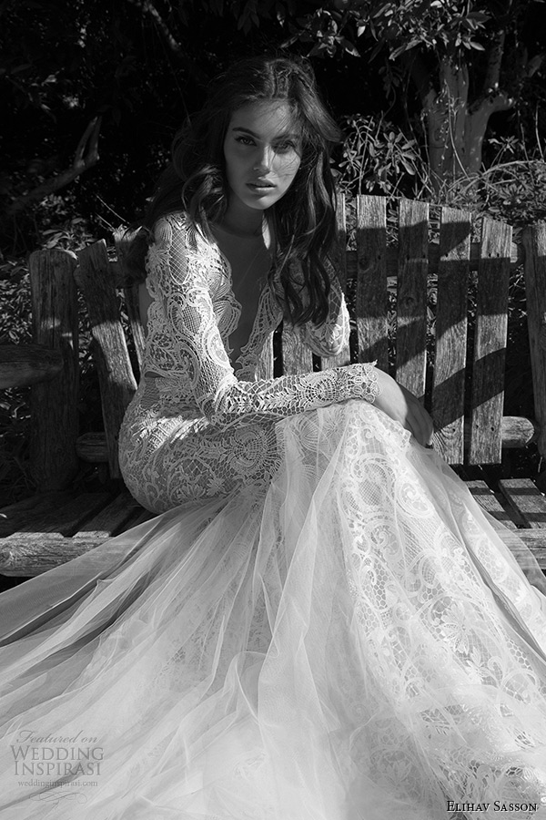 elihav sasson wedding dress 2015 long sleeves plunging v neckline sheath tulle overlay bridal gown