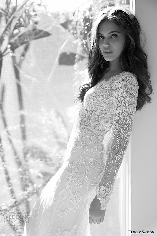 elihav sasson wedding dress 2015 long sleeves sheath bridal gown plunging neckline floral embroidery side