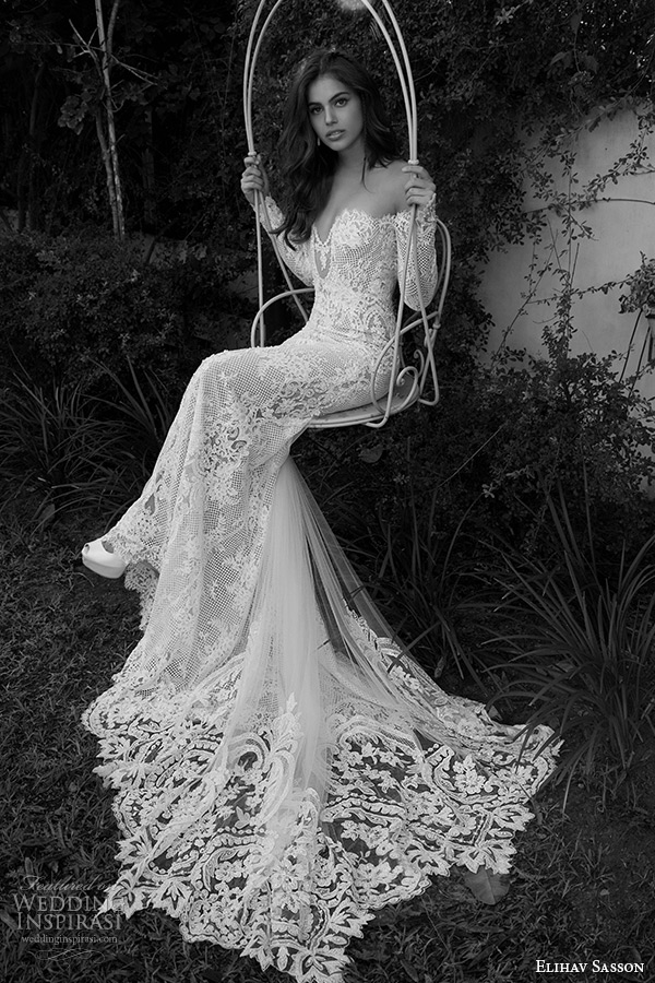 elihav sasson wedding dress 2015 off the shoulder long sleeves plunging neckline sexy lace sheath bridal gown