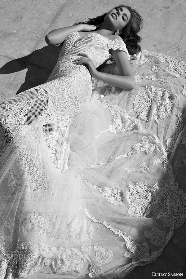 elihav sasson wedding dress 2015 off the shoulder plunging neckline lace sheath mermaid bridal gown full