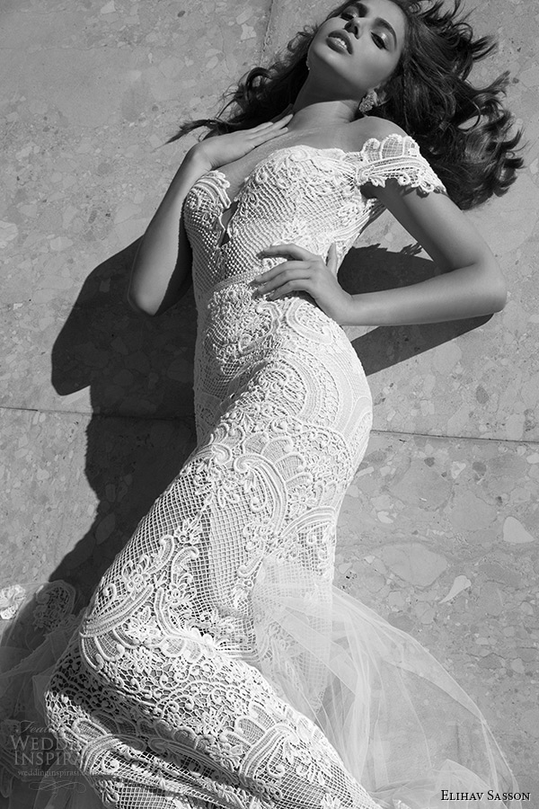 elihav sasson wedding dress 2015 off the shoulder plunging neckline lace sheath mermaid bridal gown