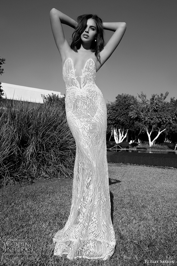 elihav sasson wedding dress 2015 strapless plunging v neckline lace sheath gown