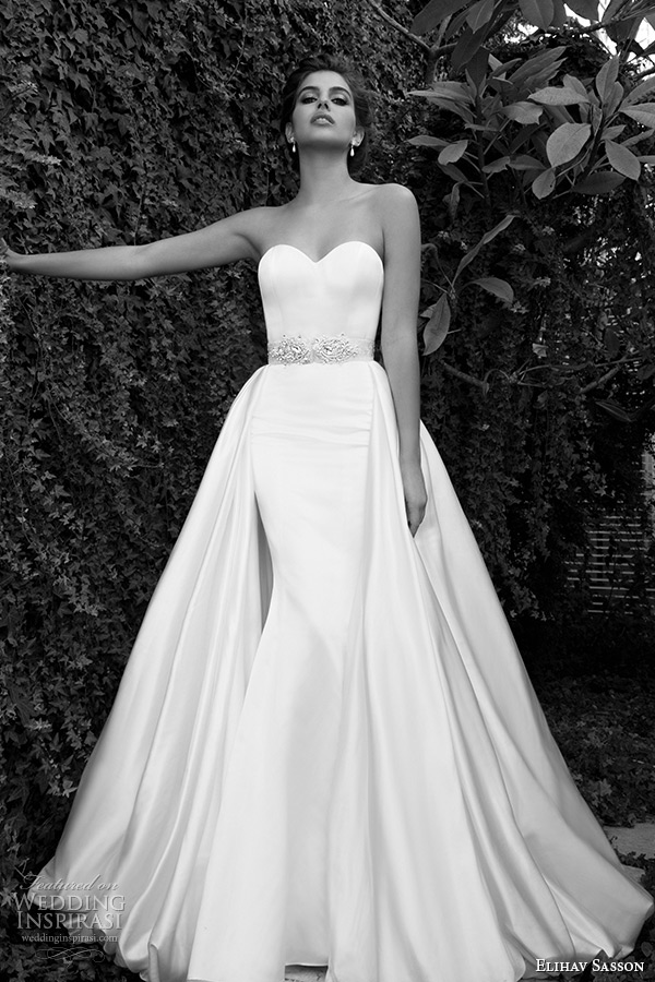 elihav sasson wedding dress 2015 strapless sweetheart neckline attached train at waist clean sheath gown with belt