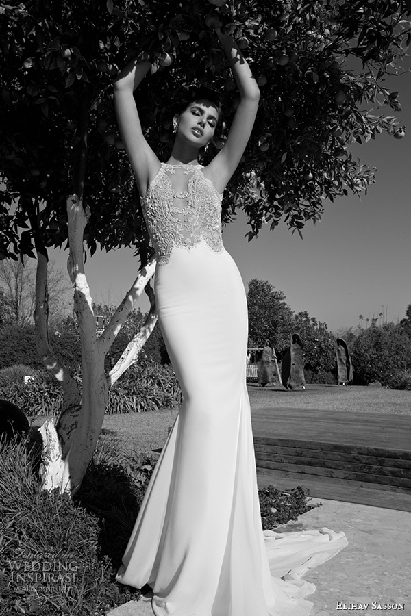 elihav sasson wedding dress 2015 ultra low back lace embroidery sheath bridal gown