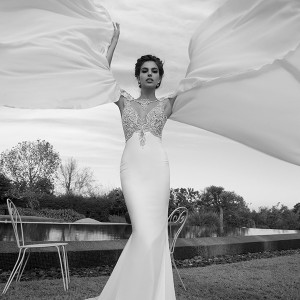 elihav sasson wedding dress 2015 v neckline sleeveless opulent applique bodice clean sheath dress with cape