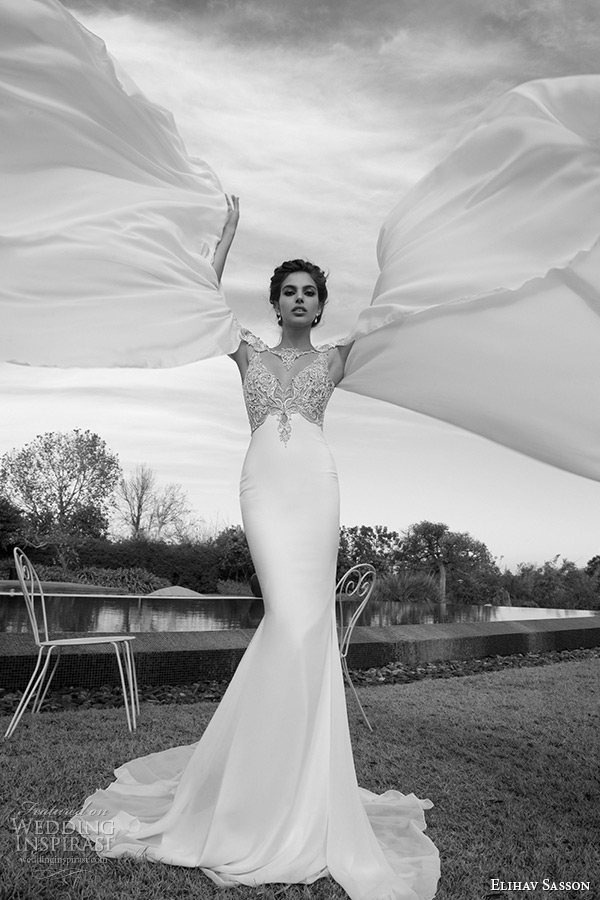 elihav sasson wedding dress 2015 v neckline sleeveless opulent applique bodice clean sheath dress with cape