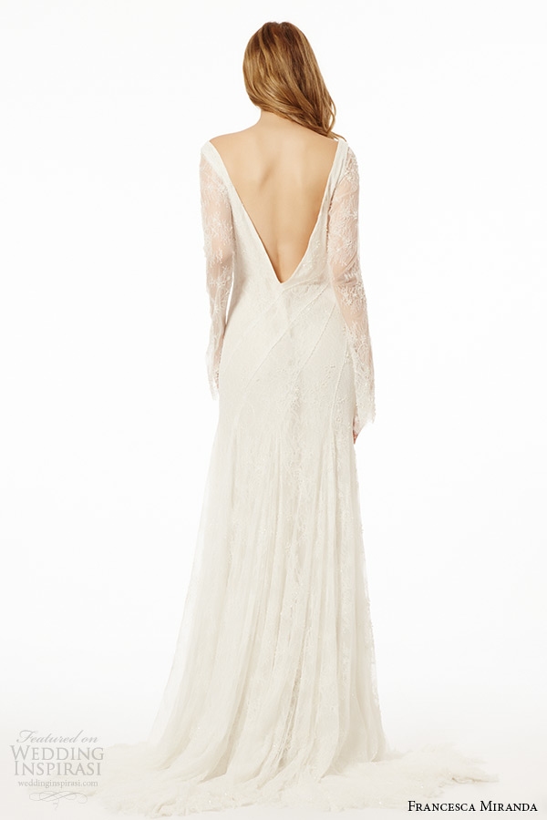 francesca miranda wedding dress fall 2015 sheer lace long sleeves v neckline bridal sheath gown ischia back