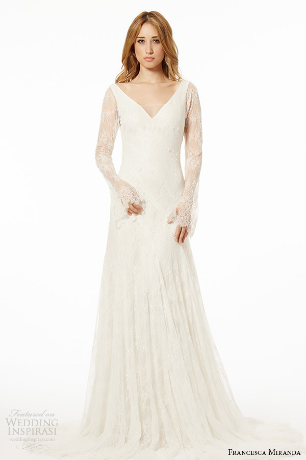 francesca miranda wedding dress fall 2015 sheer lace long sleeves v neckline bridal sheath gown ischia