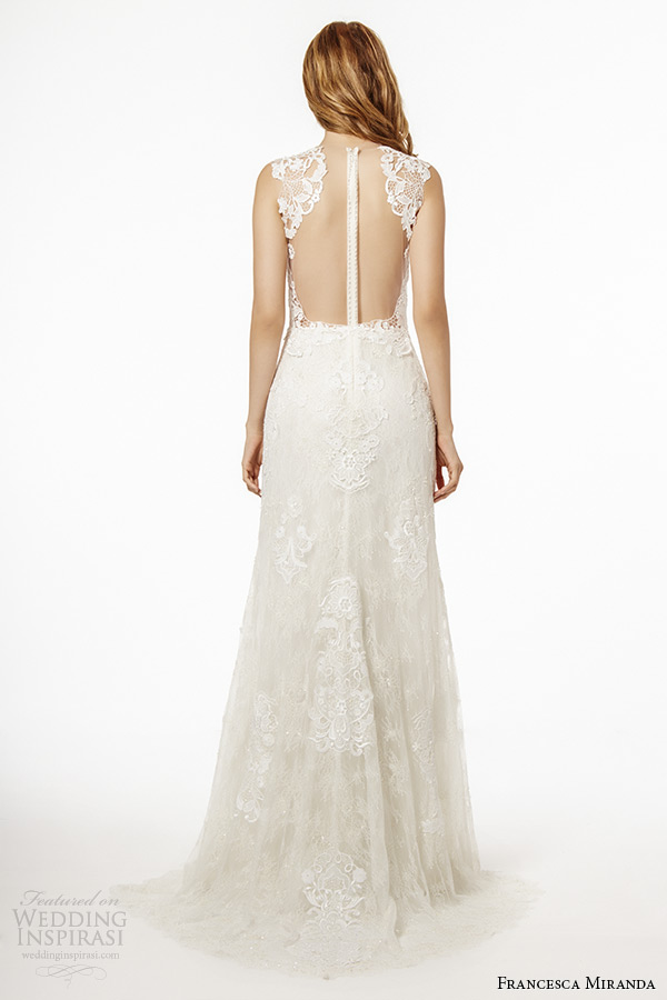 francesca miranda wedding dress fall 2015 sleeveless bateau lace sheer neckline sweetheart plunging neckline lace sheath gown anafi back