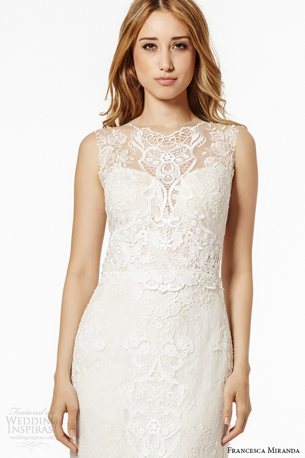 francesca miranda wedding dress fall 2015 sleeveless bateau lace sheer neckline sweetheart plunging neckline lace sheath gown anafi zoom