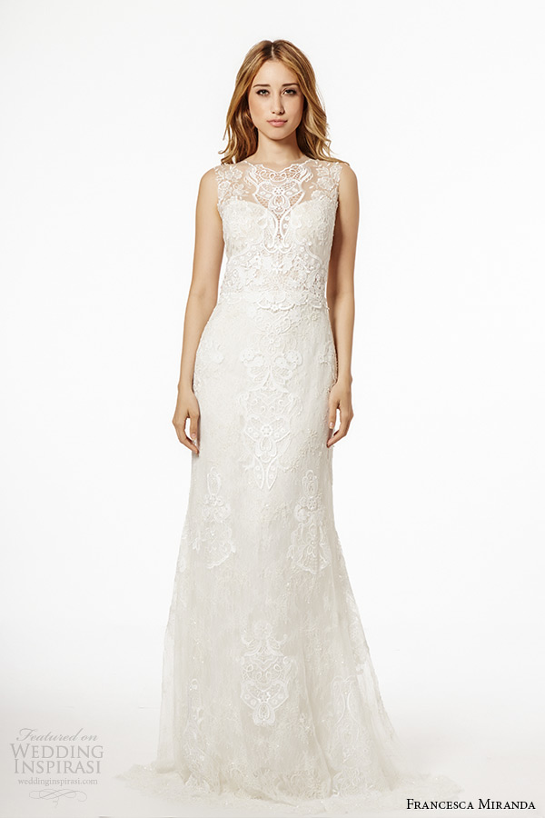 francesca miranda wedding dress fall 2015 sleeveless bateau lace sheer neckline sweetheart plunging neckline lace sheath gown anafi