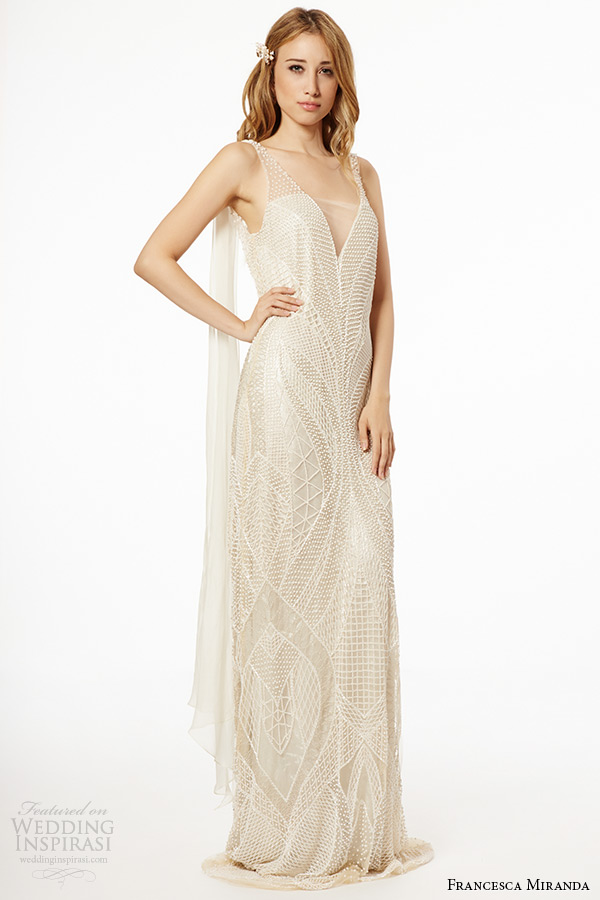 francesca miranda wedding dress fall 2015 sleeveless plunging neckline bridal sheath gown kara