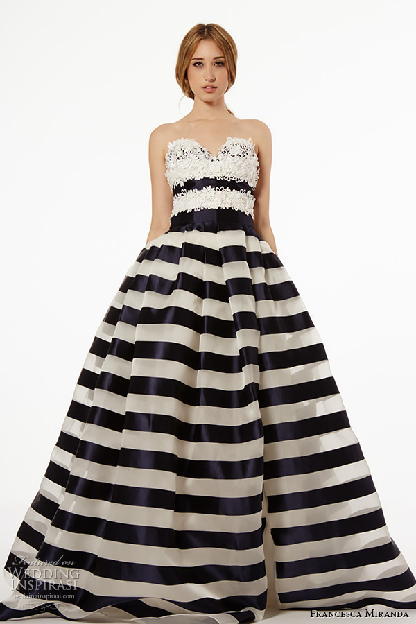 francesca miranda wedding dress fall 2015 strapless sweetheart neckline black white stripes bridal ball gown amal