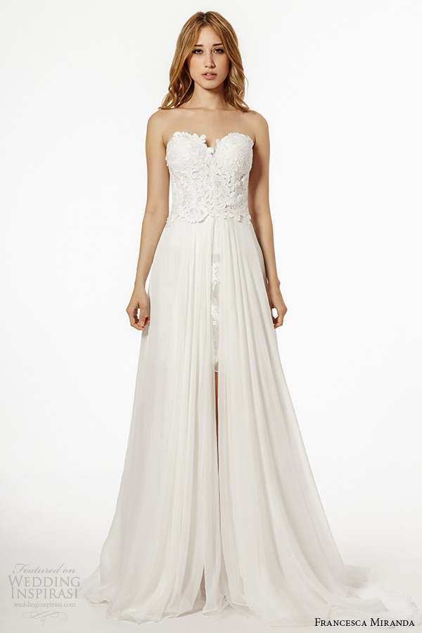 francesca miranda wedding dress fall 2015 strapless sweetheart neckline lace bodice with aline bridal skirt milos