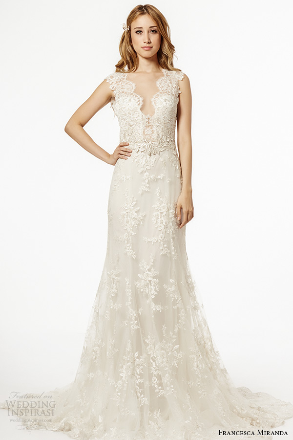 francesca miranda wedding dress fall 2015 thick lace strap plunging neckline bridal fit and flare gown palermo