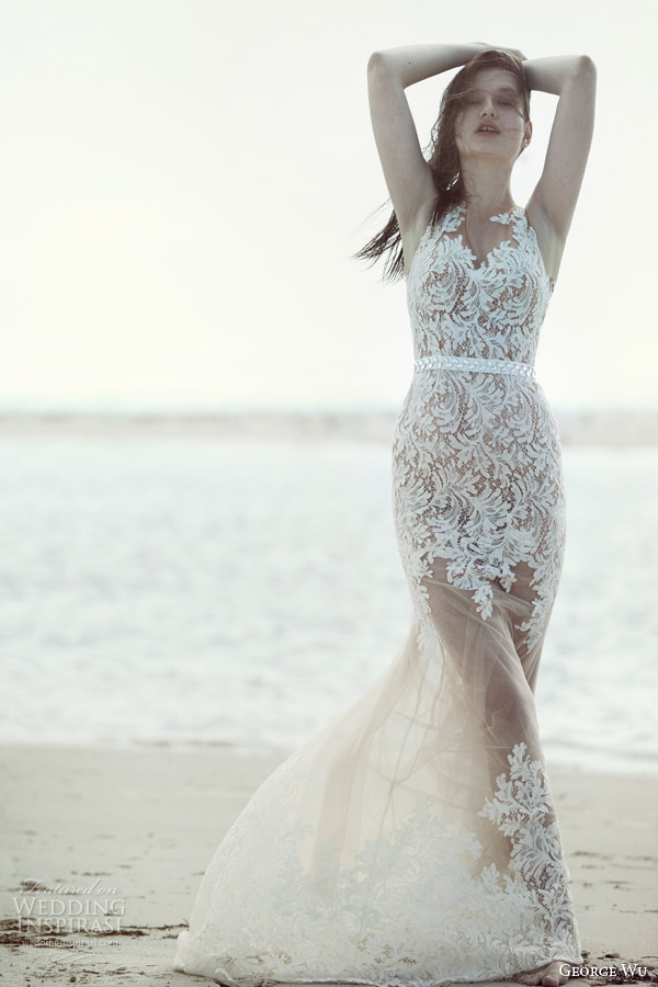 george wu bridal 2015 wulfilas message summerland sleeveless mermaid wedding dress nude tulle base lace