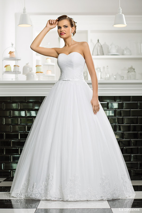 la lucienne bridal 2015 emerald strapless princess ball gown wedding dress ruched bodice lace appliques