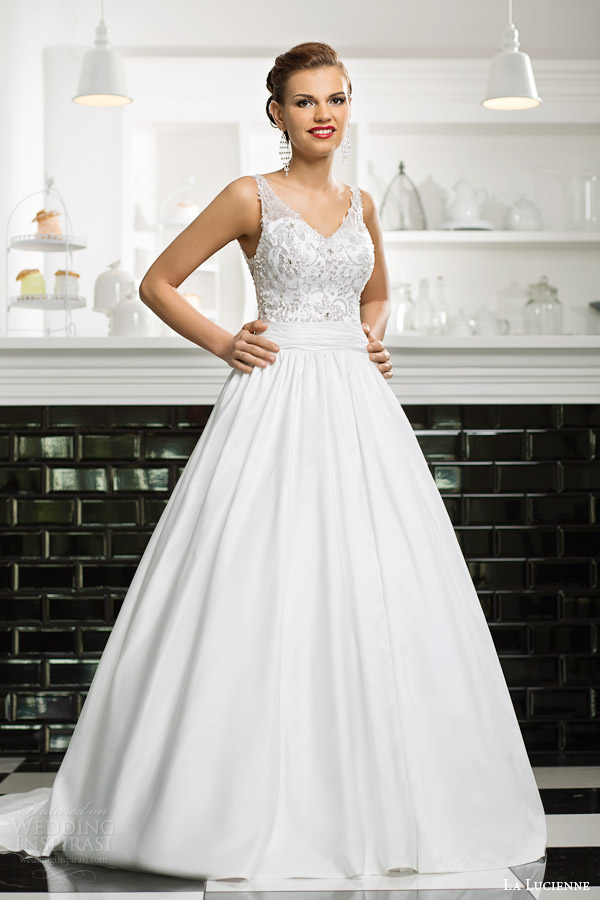 la lucienne bridal 2015 onyx sleeveless ball gown wedding dress embellished bodice beaded illusion straps