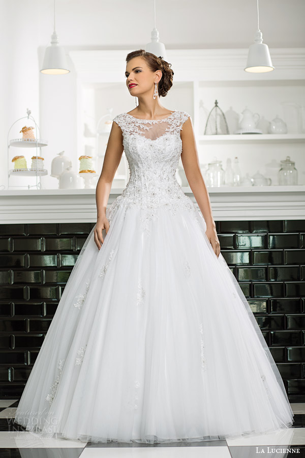 la lucienne bridal 2015 scarlett cap sleeve ball gown wedding dress lace applique bodice illusion neckline