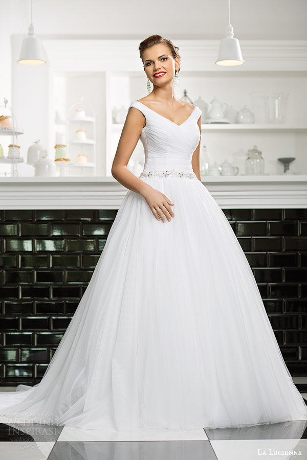 la lucienne bridal 2015 topaz off shoulder strap ball gown wedding dress embellished waist