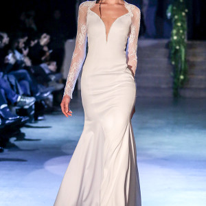 persy couture 2015 wedding dresses bridal long lace sleeves plunging neckline clean simple mermaid gown