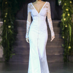 persy couture 2015 wedding dresses bridal long sleeves deep v neckline middle slit fit and flare gown