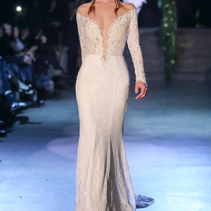 persy couture 2015 wedding dresses bridal off the shoulder lace long sleeves deep plunging neckline fit and flare gown