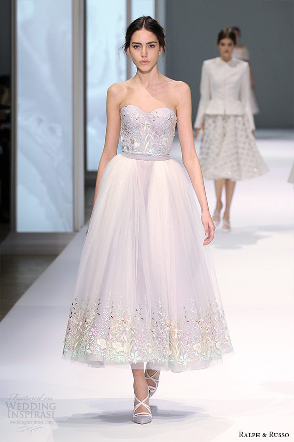 ralph and russo spring 2015 couture collection ankle length dress  tulle overlay strapless bustier bodice purple dress