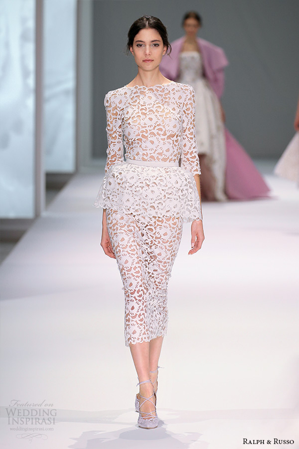 ralph and russo spring 2015 couture collection bateau neckline three quarter sleeve peplum filigree white sheath dress