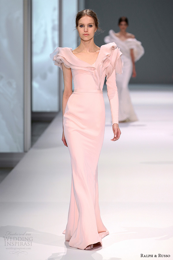 ralph and russo spring 2015 couture collection blush off the shoulder petal collar sheath dress