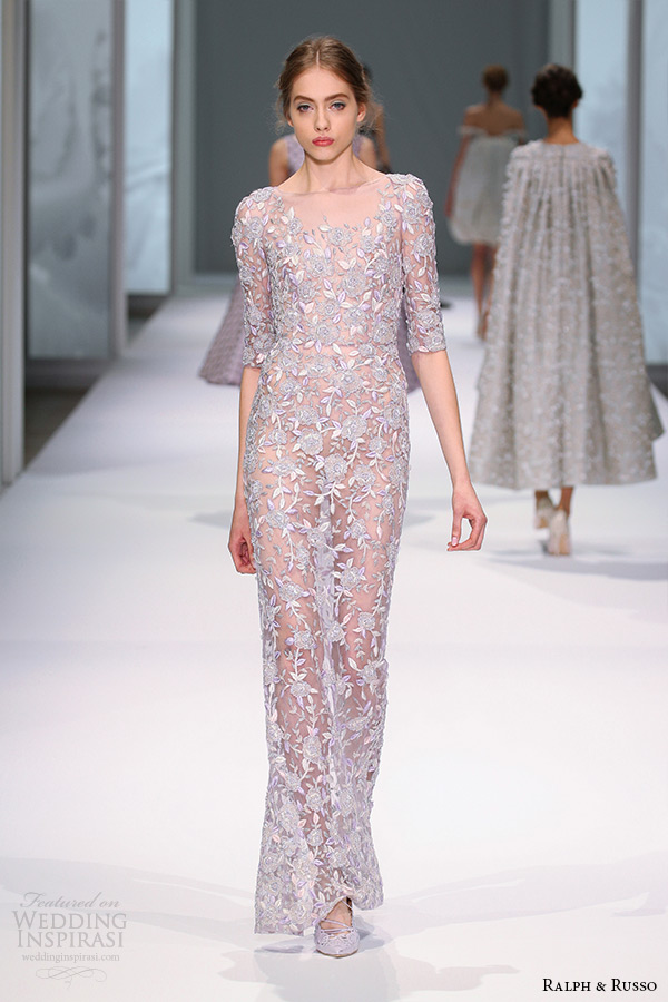 ralph and russo spring 2015 couture collection half short sleeves scoop neckline flora embroidery lace illusion sheath dress