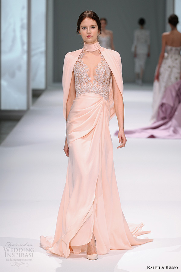 ralph and russo spring 2015 couture collection high neckline drape over shoulder floor length peach dress with filigree embroidery bodice ralph and russo spring 2015 couture collection high neckline drape over shoulder floor length peach dress with filigree embroidery bodice