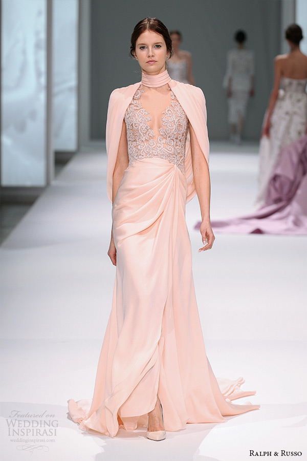 ralph and russo spring 2015 couture collection high neckline drape over shoulder floor length peach dress with filigree embroidery bodice