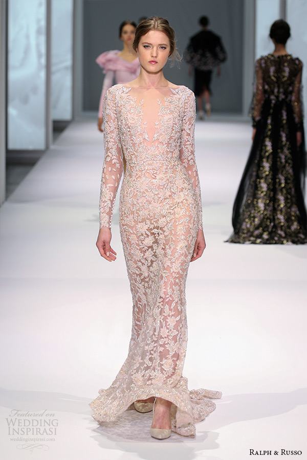 ralph and russo spring 2015 couture collection illusion lace floral leave embroidery sheath mermaid long sleeve dress