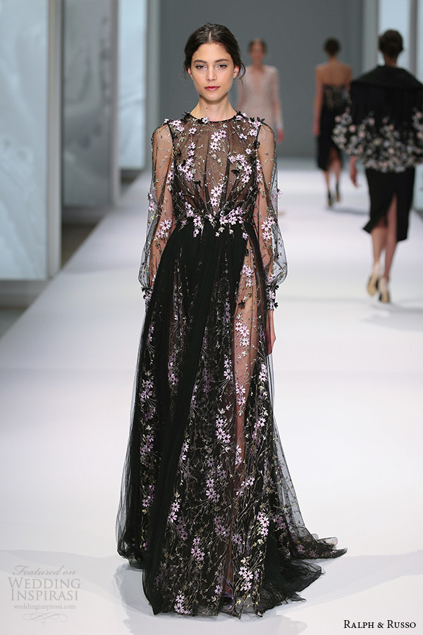 ralph and russo spring 2015 couture collection illusion sleeves jewel neckline floral embroidery black a line dress