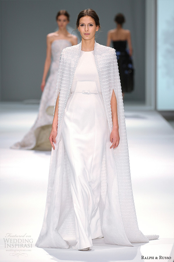 ralph and russo spring 2015 couture collection jewel neckline clean simple white wedding dress with belt and floor length cape ralph and russo spring 2015 couture collection jewel neckline clean simple white wedding dress with belt and floor length cape