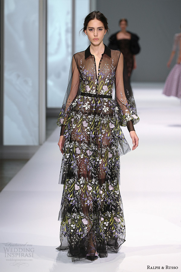 ralph and russo spring 2015 couture collection long sleeve shirt top illusion sheath tiered black dress floral embroidery