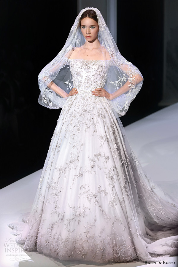 ralph and russo spring 2015 couture collection off the shoulder beaded applique white wedding ball gown