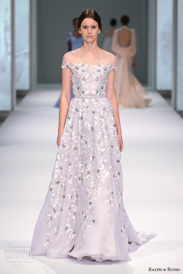 ralph and russo spring 2015 couture collection off the shoulder flora applique purple a line gown