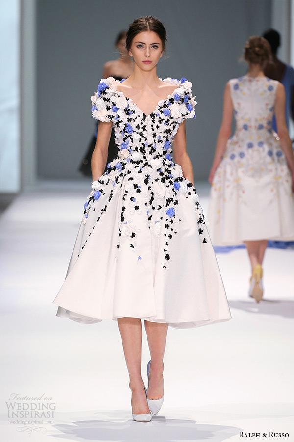 ralph and russo spring 2015 couture collection off the shoulder flora applique tea length white short dress with pockets ralph and russo spring 2015 couture collection off the shoulder flora applique tea length white short dress with pockets