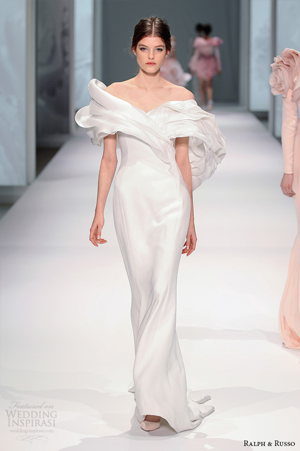 ralph and russo spring 2015 couture collection off the shoulder fluffy petal neckline white sheath dress ralph and russo spring 2015 couture collection off the shoulder fluffy petal neckline white sheath dress