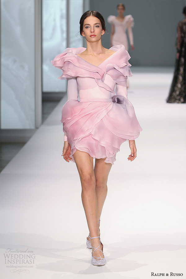 ralph and russo spring 2015 couture collection off the shoulder pink petal mini skirt dress