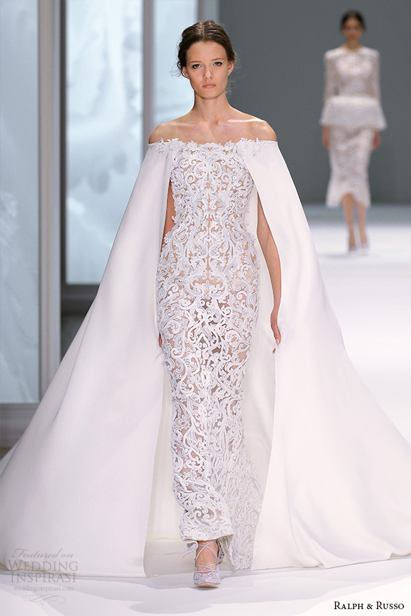 ralph and russo spring 2015 couture collection off the shoulder sheath white dress with filigree pattern and cape