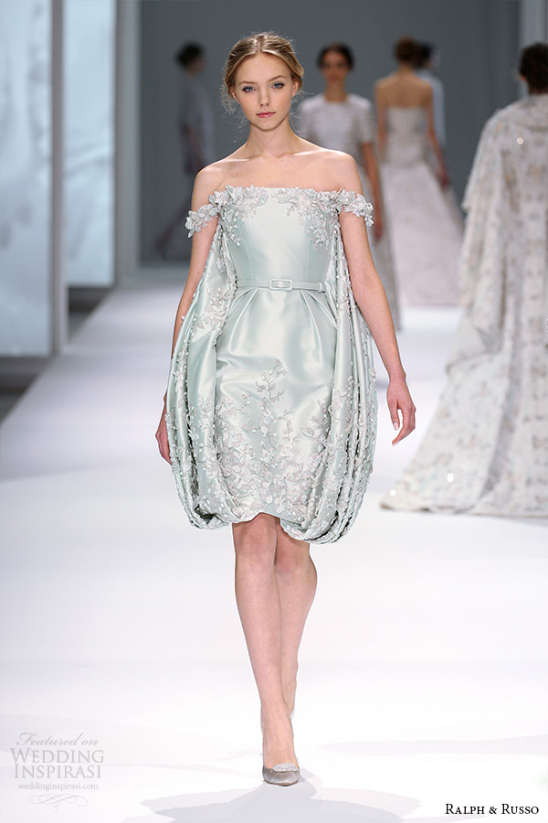 ralph and russo spring 2015 couture collection off the shoulder short dress with flora applique