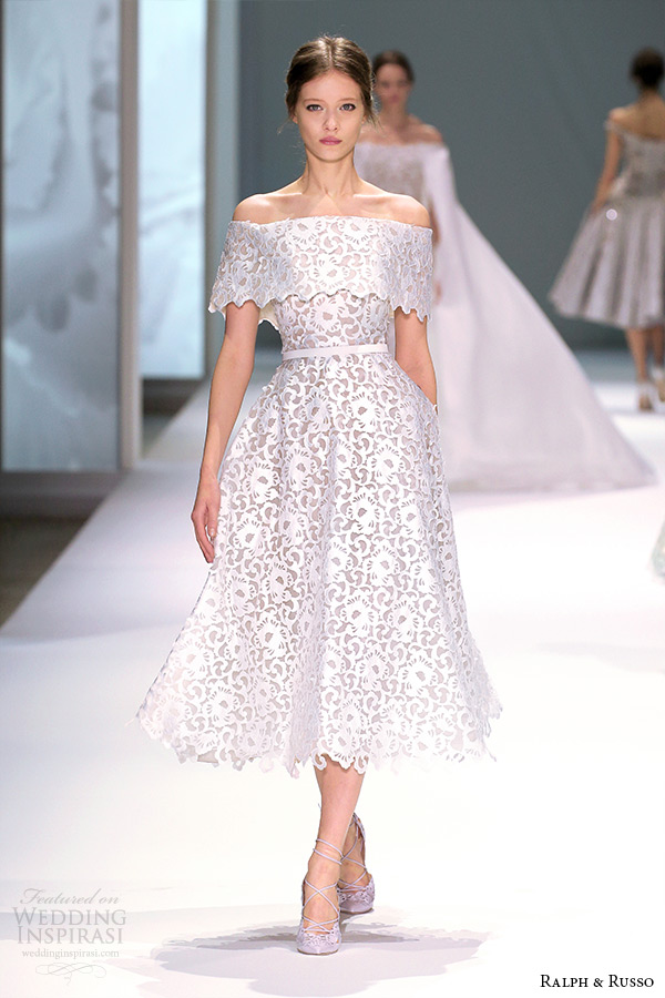 ralph and russo spring 2015 couture collection off the shoulder short tea length white dress