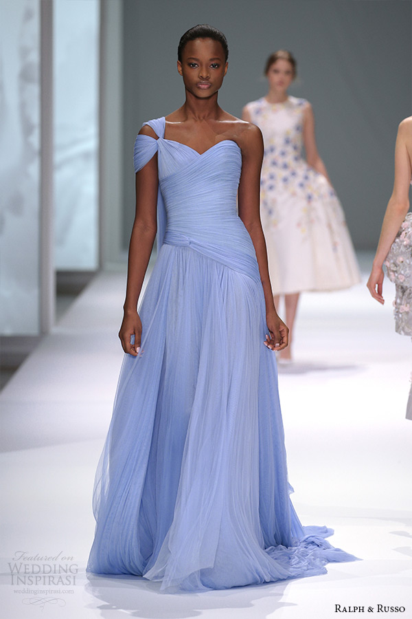 ralph and russo spring 2015 couture collection one shoulder sweetheart neckline drape blue a line dress
