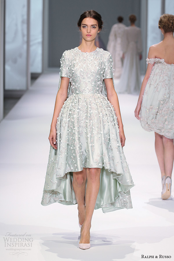 ralph and russo spring 2015 couture collection short sleeve jewel neckline mullet green short dress with floral applique