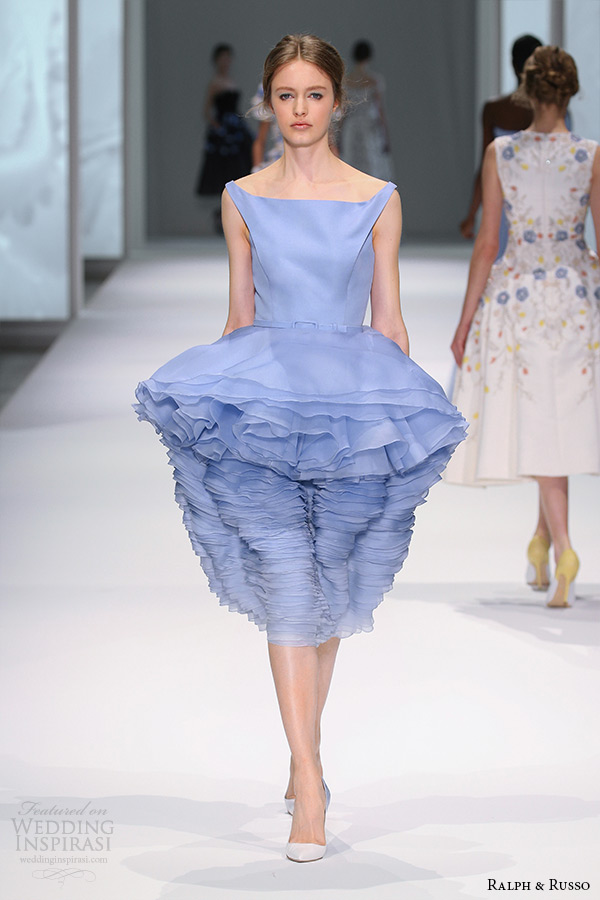 ralph and russo spring 2015 couture collection square neckline peplum ruffle short tea length blue dress