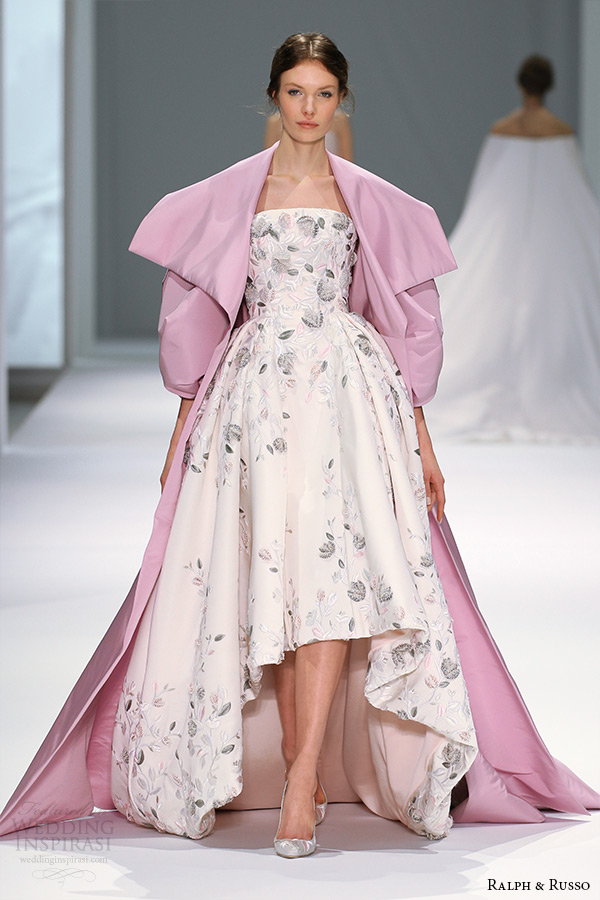 ralph and russo spring 2015 couture collection straight across neckline ball gown floral embroidery with pink cape